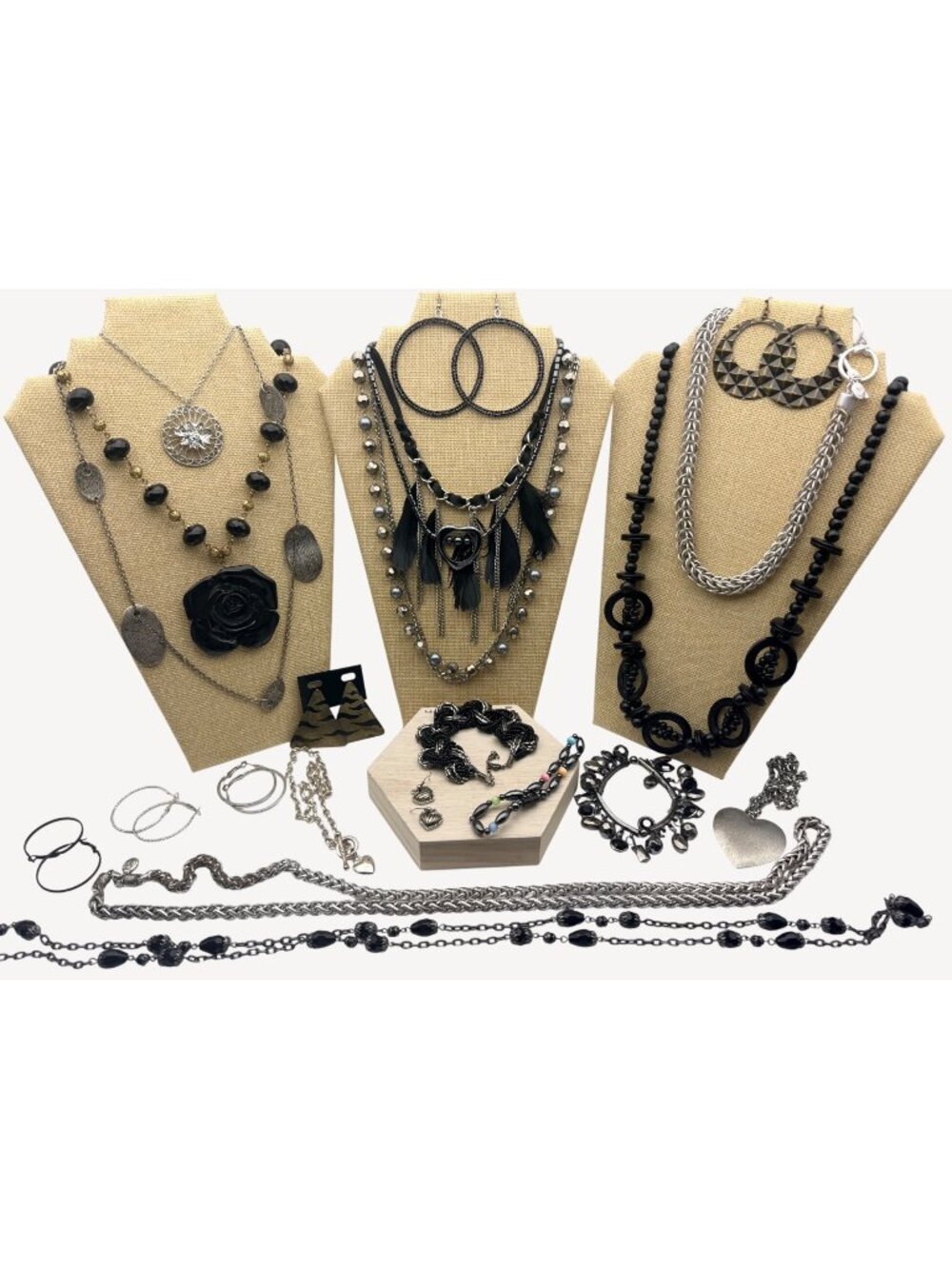 Black & Silver Costume Jewelry Lot 25+ PCs Necklaces Earrings Bracelets Wearable
